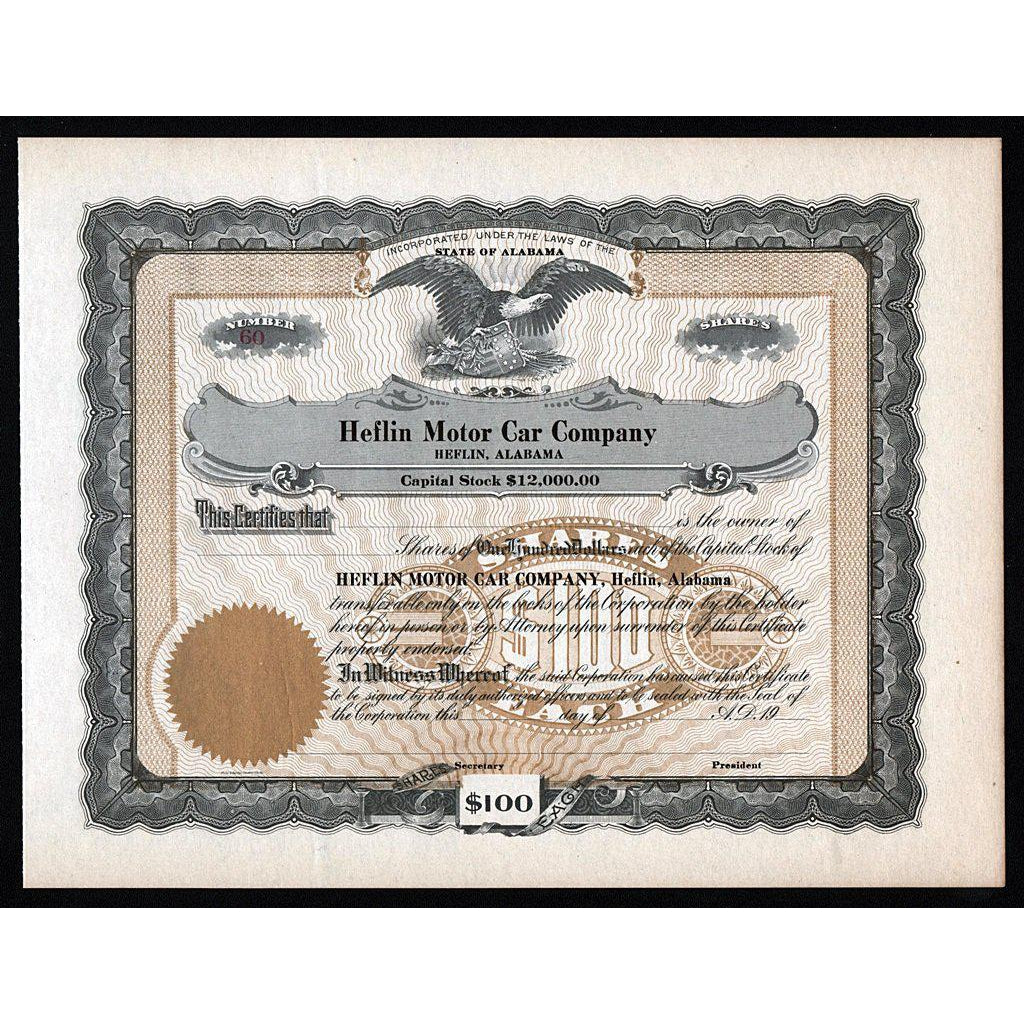 Heflin Motor Car Company Alabama Stock Certificate Automobiles