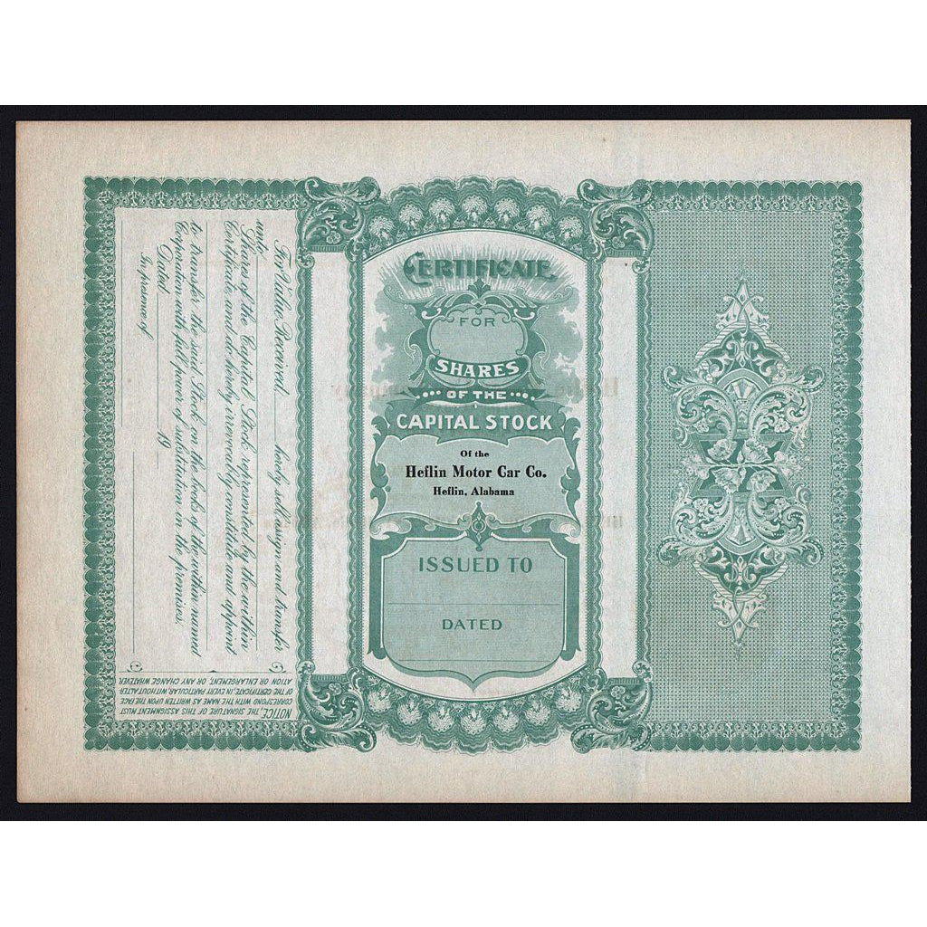 Heflin Motor Car Company Alabama Stock Certificate Automobiles