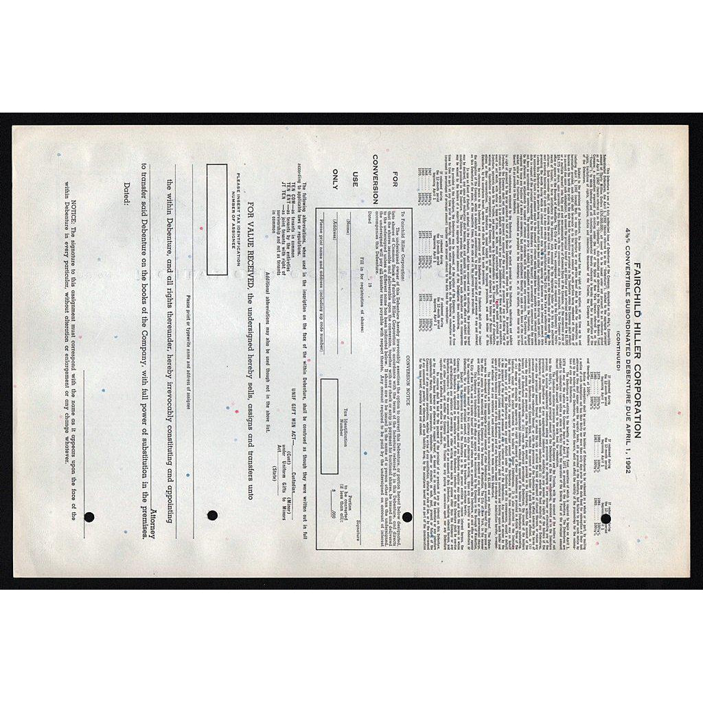 Fairchild Hiller Corporation (Aviation) Stock Bond Certificate