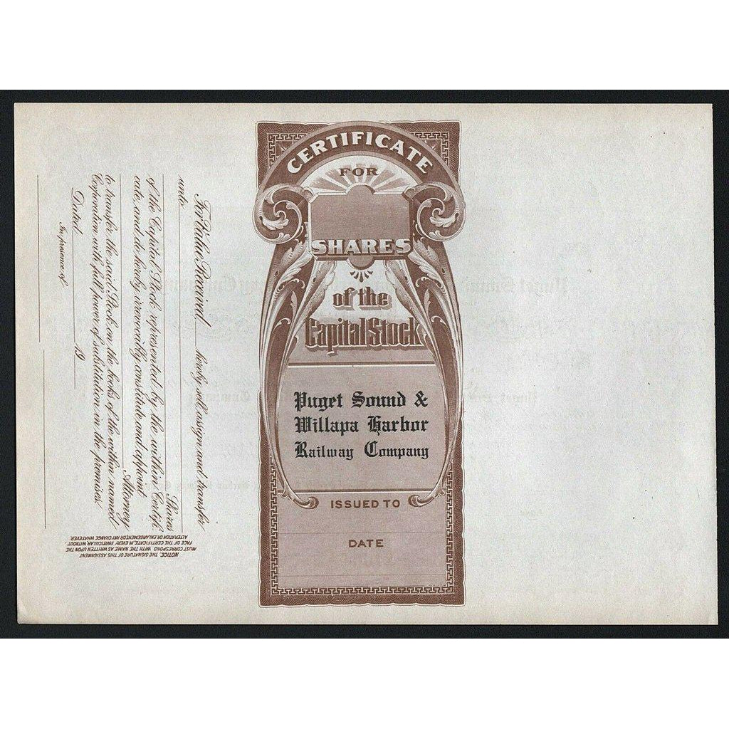 Puget Sound & Willapa Harbor Railway Company (Washington) Stock Certificate