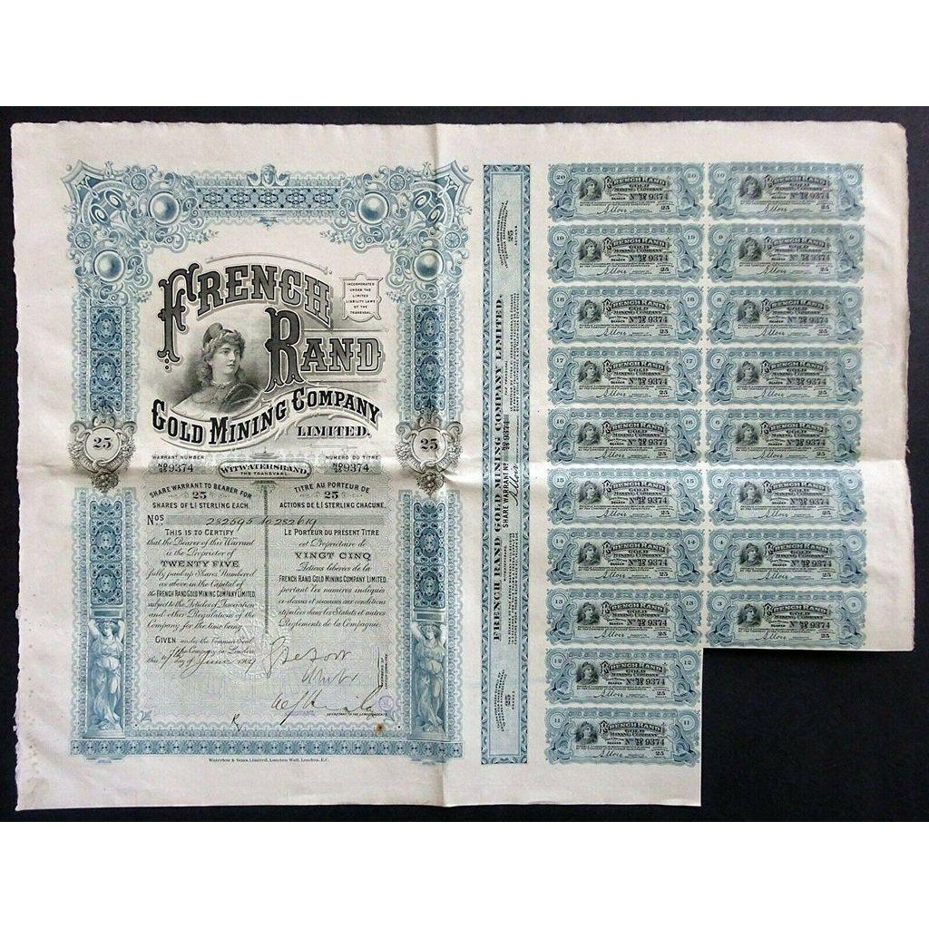 French Rand Gold Mining Company 1909 South Africa Stock Certificate