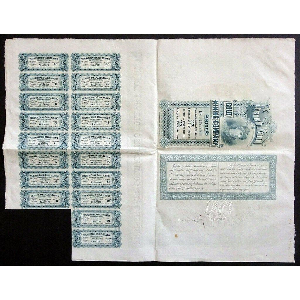 French Rand Gold Mining Company 1909 South Africa Stock Certificate