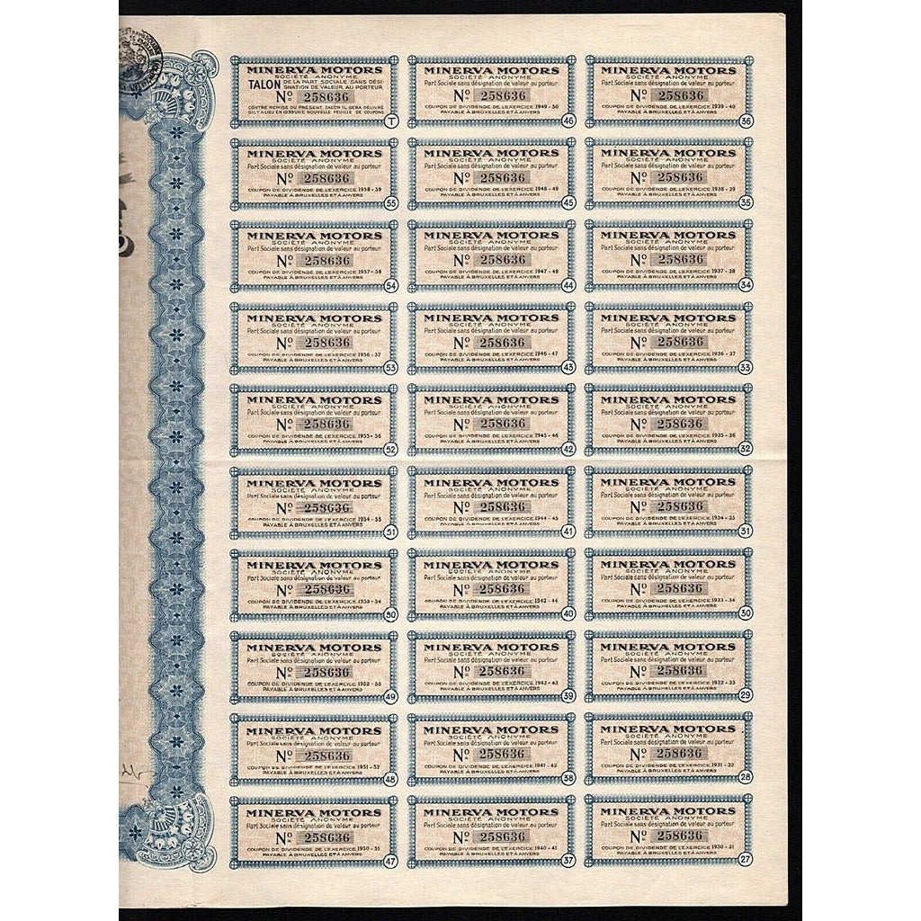 Minerva Motors Societe Anonyme Automobiles 1931 Belgium Stock Certificate
