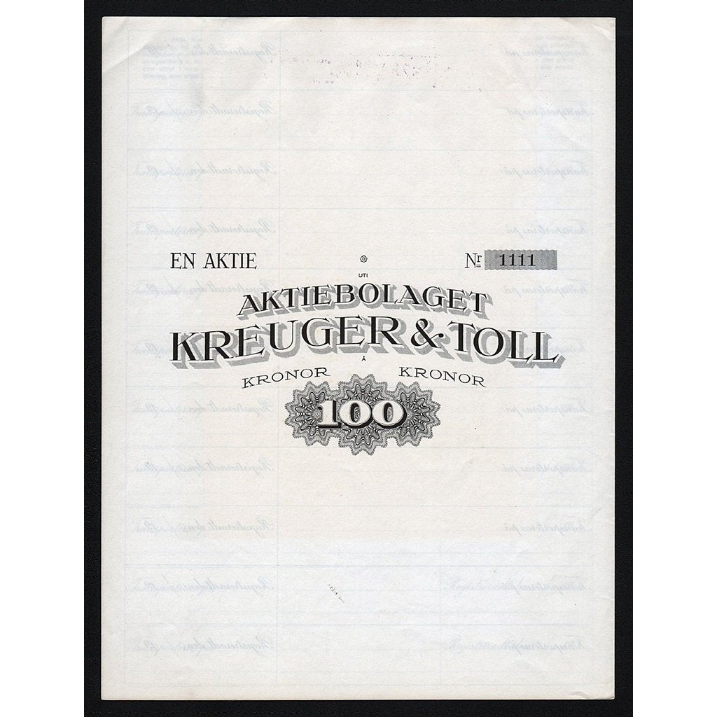 Aktiebolaget Kreuger & Toll 1921 Sweden Stock Certificate