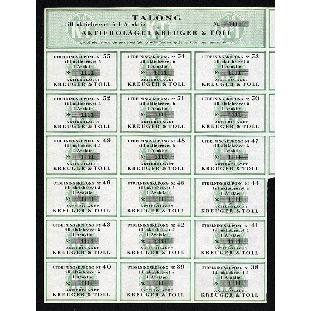 Aktiebolaget Kreuger & Toll 1921 Sweden Stock Certificate