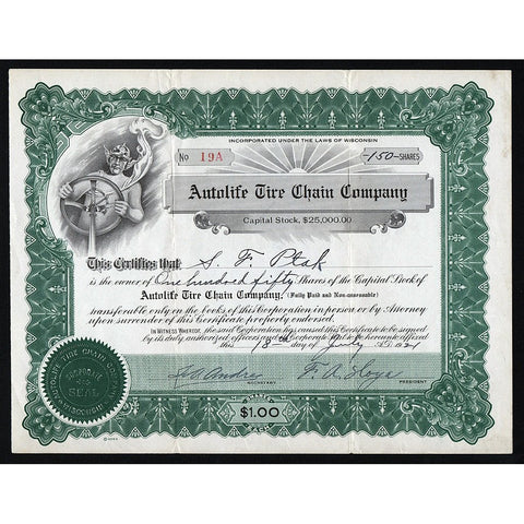 Autolife Tire Chain Company Wisconsin Stock Certificate