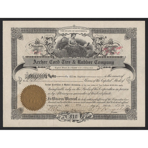 Archer Cord Tire & Rubber Company Minnesota Stock Certificate