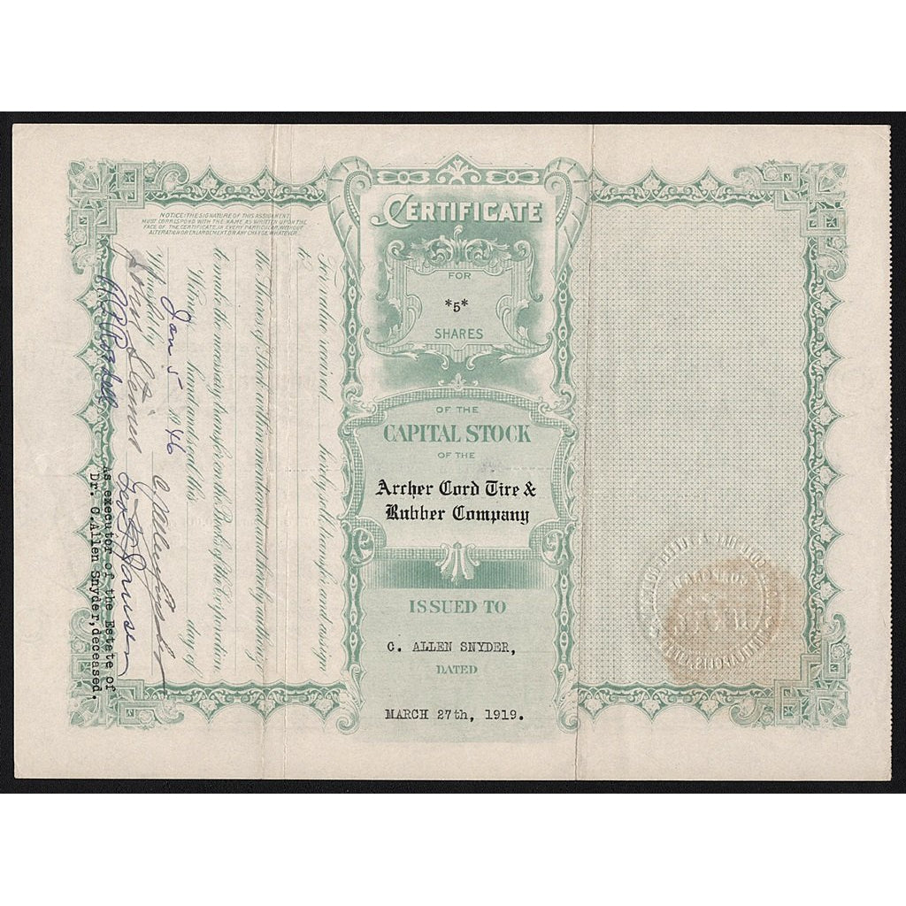 Archer Cord Tire & Rubber Company Minnesota Stock Certificate