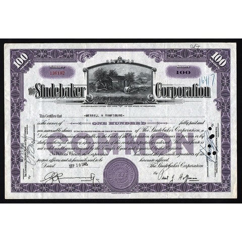 Studebaker Corporation 1945 Stock Certificate Automobiles