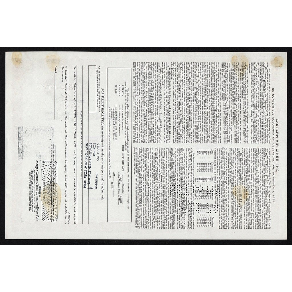 Eastern Air Lines, Inc. Stock Bond Certificate