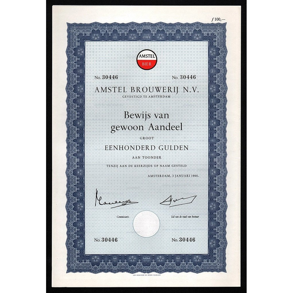 Amstel Brouwerij N.V. - Amstel Brewery Stock Certificate