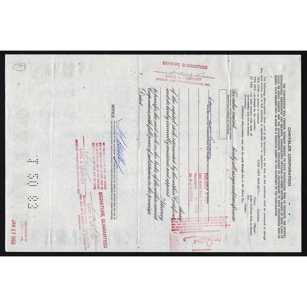 Chrysler Corporation Stock Certificate