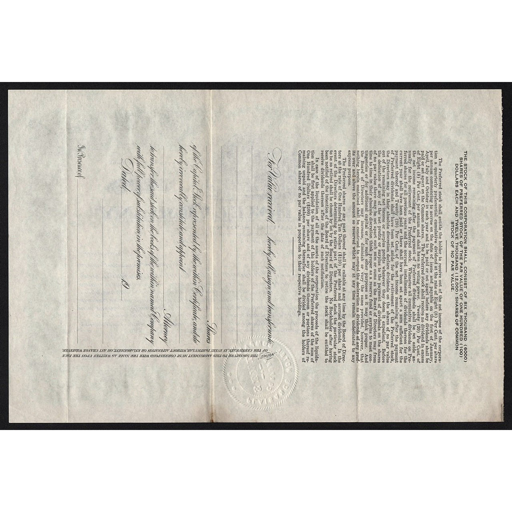 Plaisance Hotel Company (Illinois) Stock Certificate