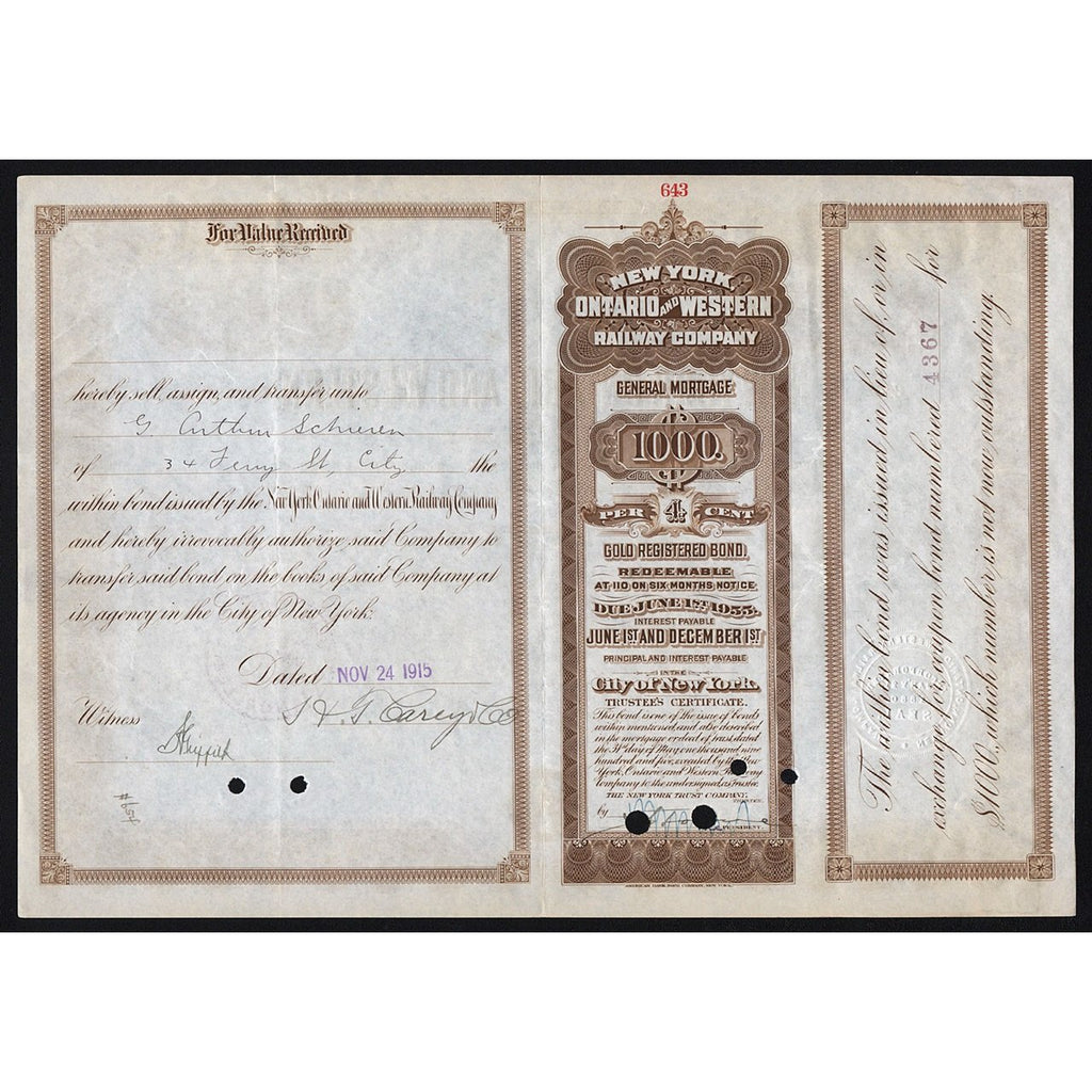 New York, Ontario and Western Railway Company, 1915 Gold Bond Certificate