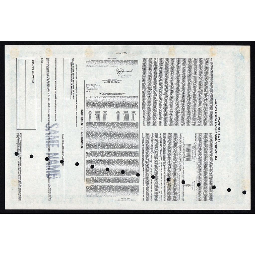 State of Hawaii, Airports Stock Bond Certificate