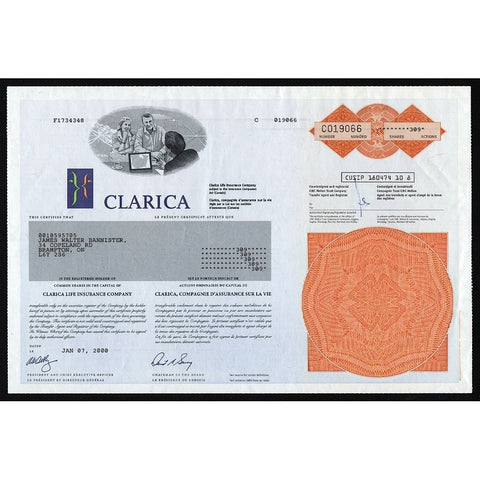 Clarica Life Insurance Company Canada Stock Certificate