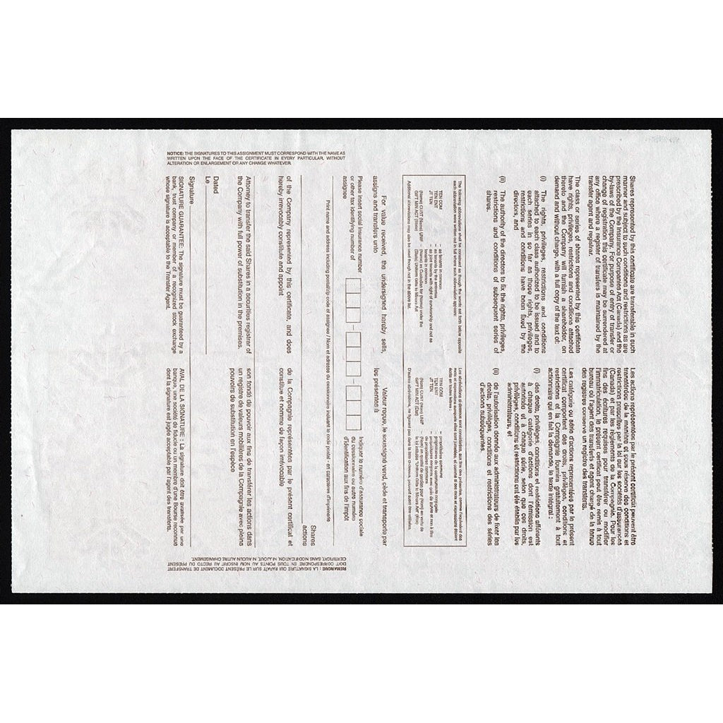 Clarica Life Insurance Company Canada Stock Certificate