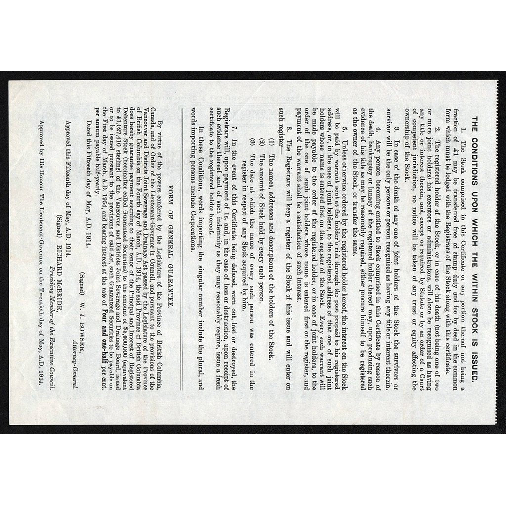 Vancouver & Districts Joint Sewerage & Drainage Loan Stock Certificate