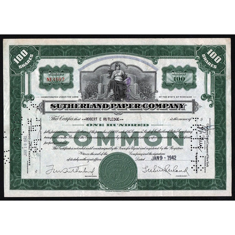 Sutherland Paper Company Michigan Stock Certificate