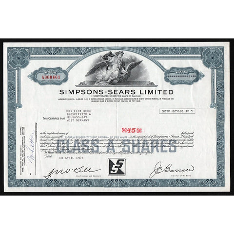 Simpsons-Sears, Limited Department Store Canada Stock Certificate