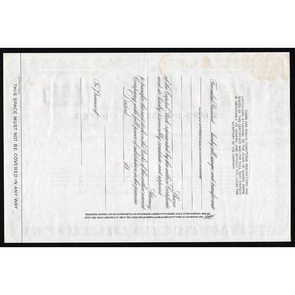 Simpsons-Sears, Limited Department Store Canada Stock Certificate