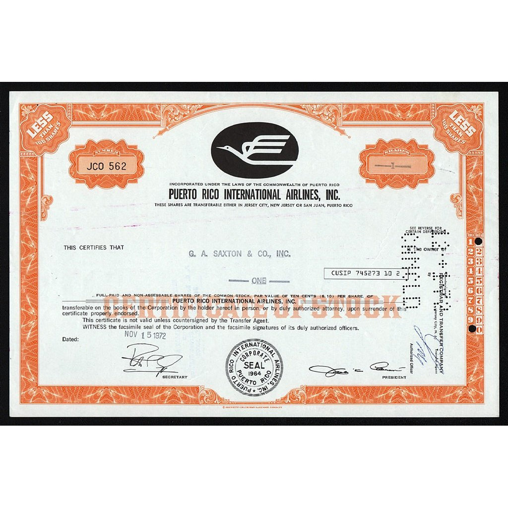 Puerto Rico International Airlines, Inc. Stock Certificate