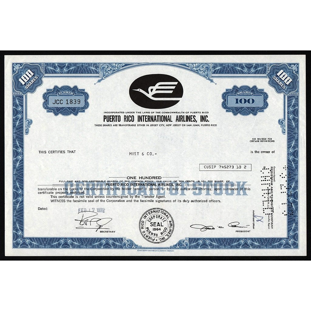 Puerto Rico International Airlines, Inc. Stock Certificate