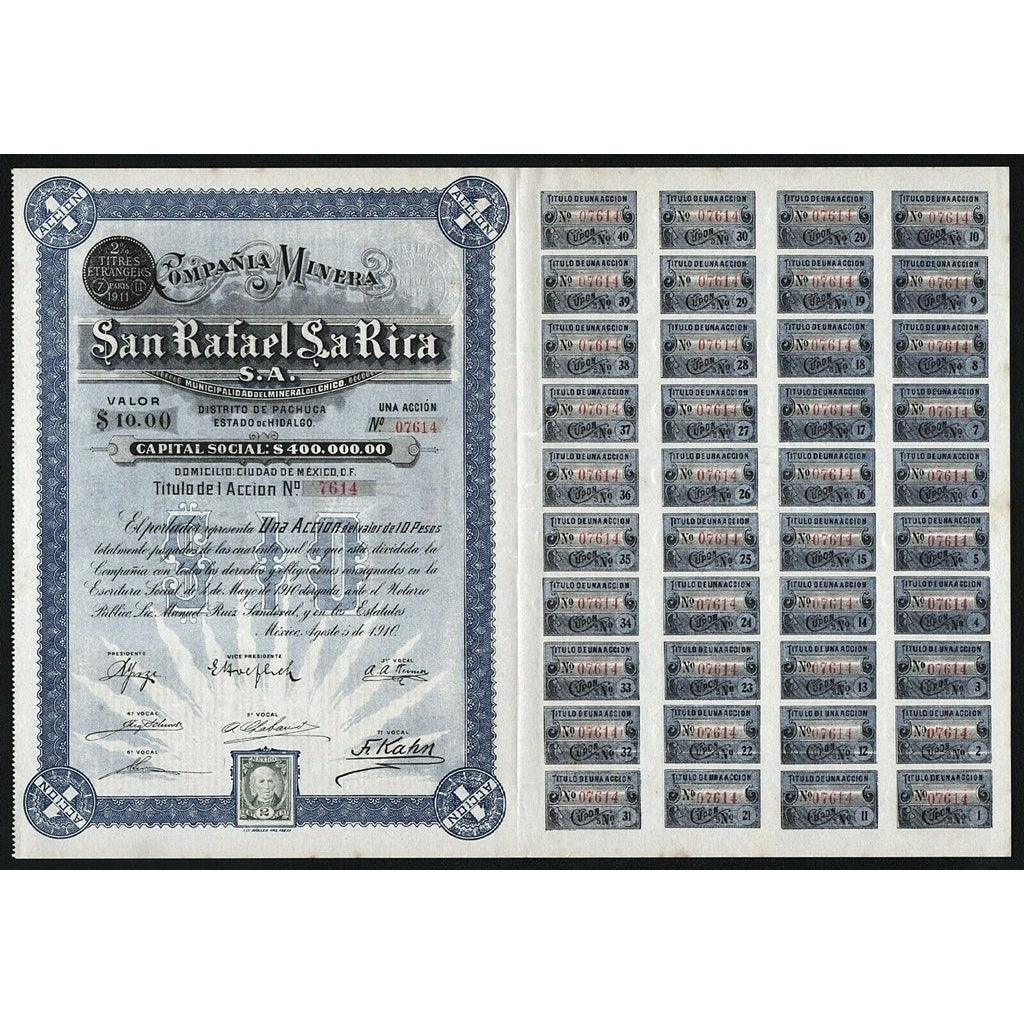 Mexico: Compania Minera San Rafael La Rica S.A.Stock Bond Certificate
