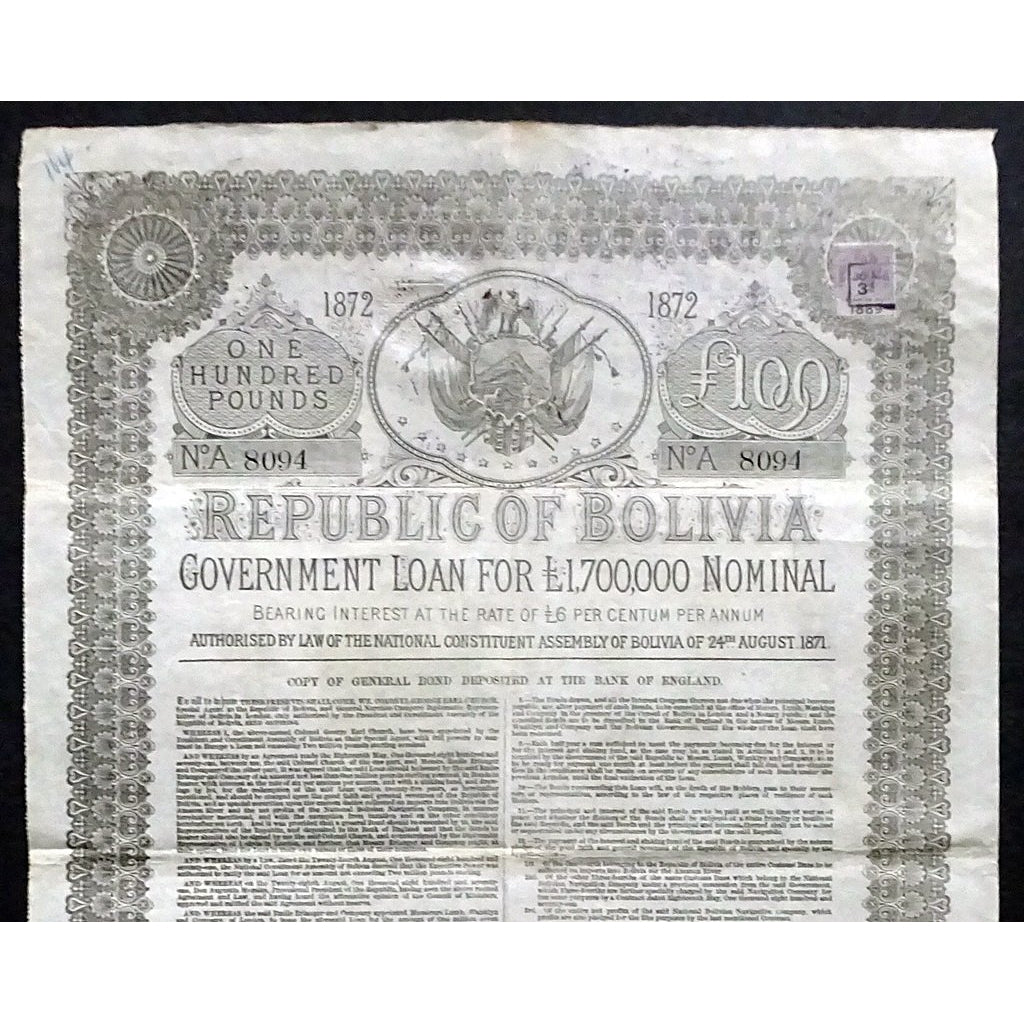 Republic of Bolivia, Government Loan 1872 £100 Bond Certificate