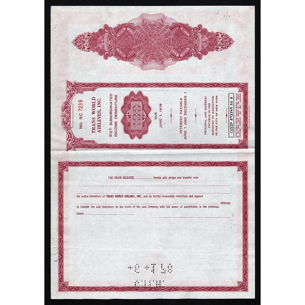 TWA - Trans World Airlines, Inc. Bond Certificate