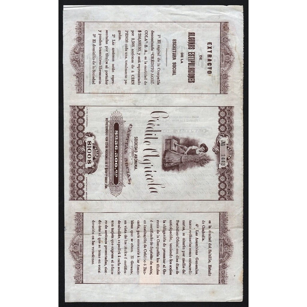 Credito Agricola Sociedad Anonima Mexico 1907 Stock Bond Certificate