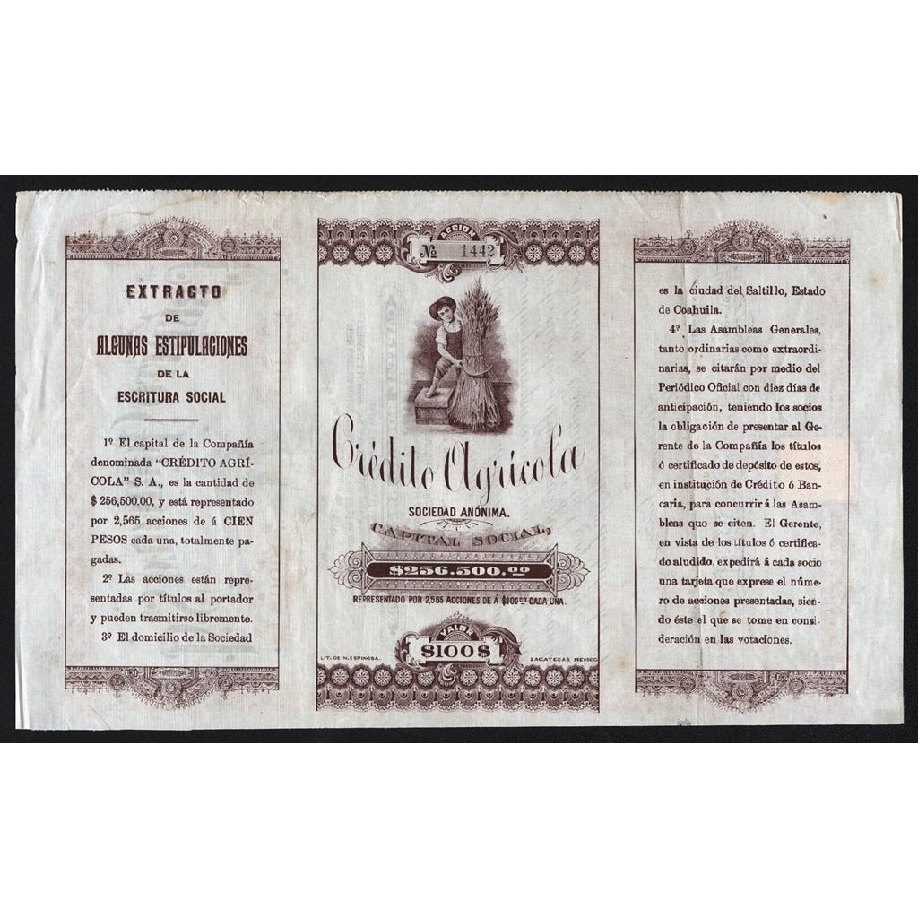 Credito Agricola Sociedad Anonima Mexico 1907 Stock Bond Certificate