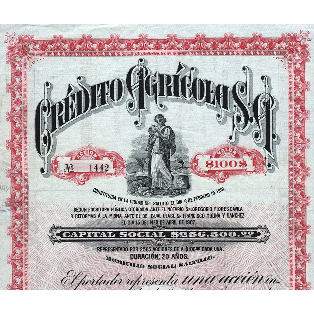Credito Agricola Sociedad Anonima Mexico 1907 Stock Bond Certificate