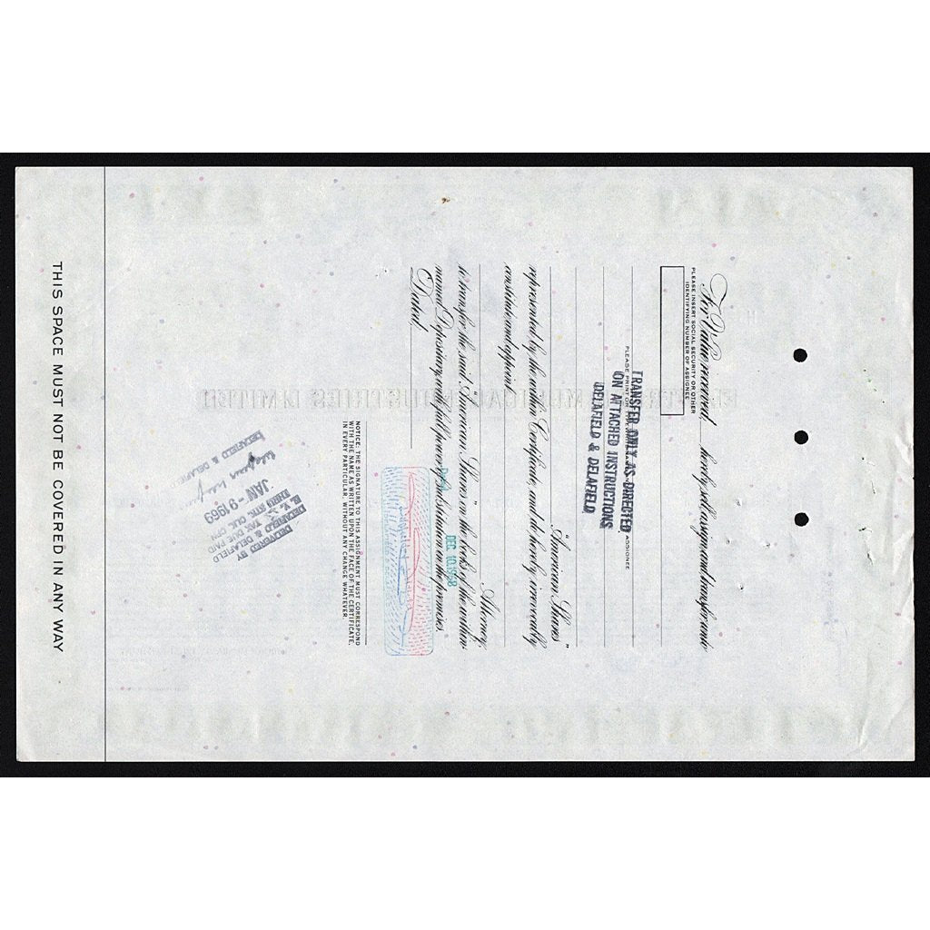 EMI - Electric & Musical Industries Limited Stock Certificate