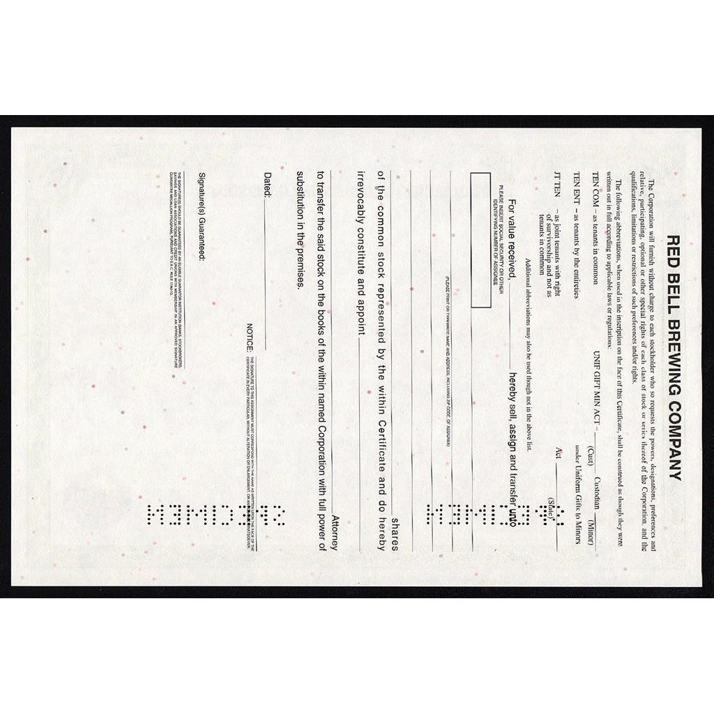 Red Bell Brewing Company Stock Certificate