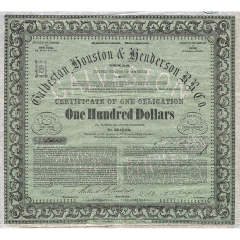 Galveston, Houston & Henderson R.R. Co., Texas 1857 Bond Certificate
