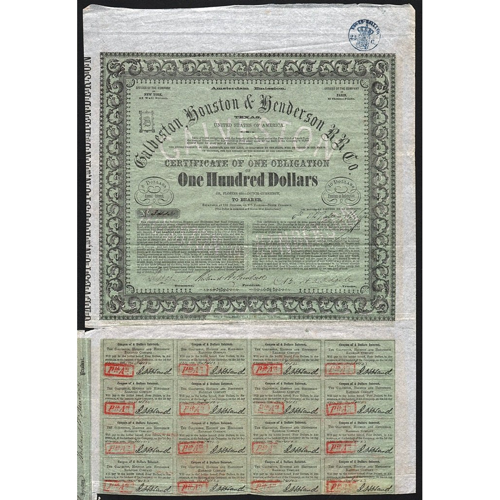 Galveston, Houston & Henderson R.R. Co., Texas 1857 Bond Certificate