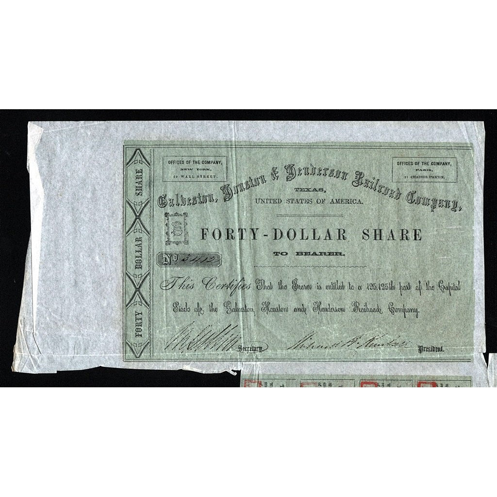 Galveston, Houston & Henderson R.R. Co., Texas 1857 Bond Certificate