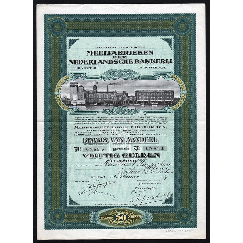 Meelfabrieken der Nederlandsche Bakkerij Rotterdam Netherlands Bond Certificate