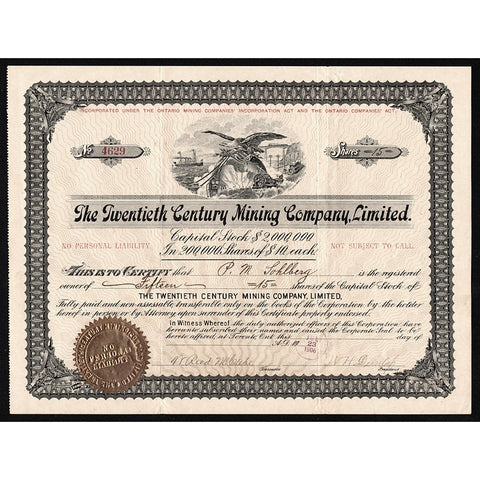 The Twentieth Century Mining Company, Limited (Toronto, Ontario, Canada) 1906 Stock Certificate