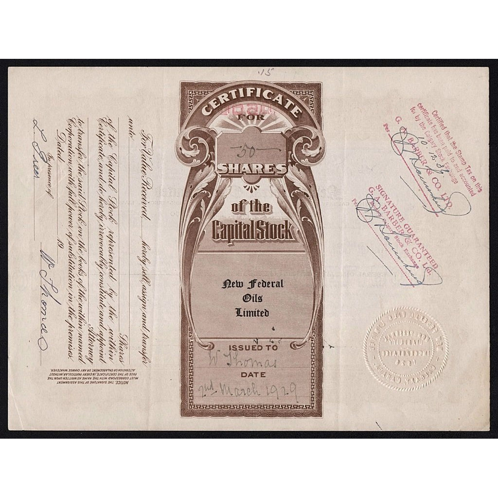 New Federal Oils Limited 1923 Alberta Canada Stock Certificate
