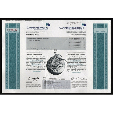Canadian Pacific, Energy Transportation Hotels Canada Stock Certificate