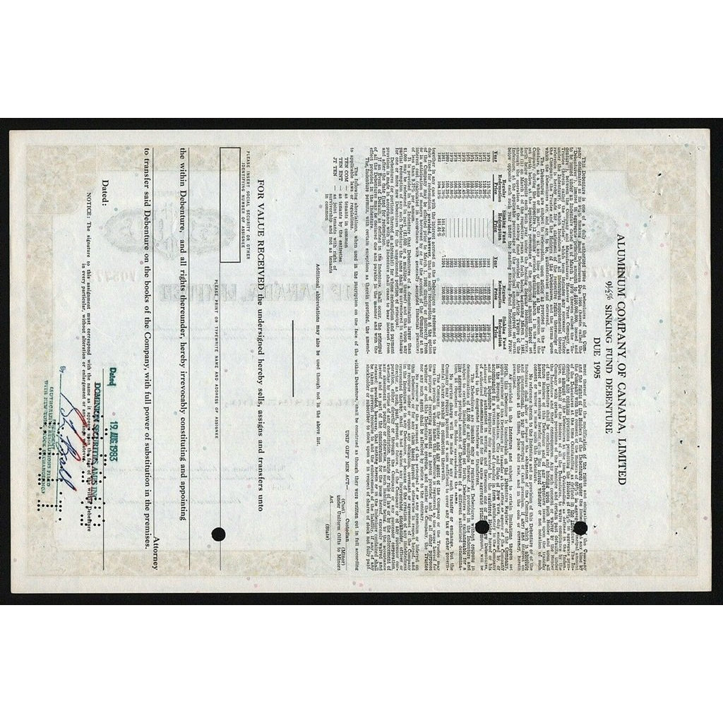 Aluminum Company of Canada Stock Bond Certificate