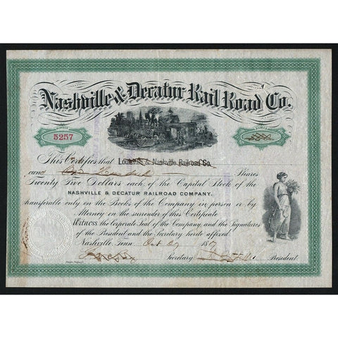 Nashville & Decatur Rail Road Co. 1887 Stock Certificate