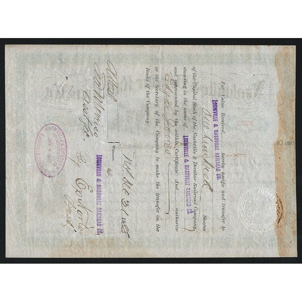 Nashville & Decatur Rail Road Co. 1887 Stock Certificate
