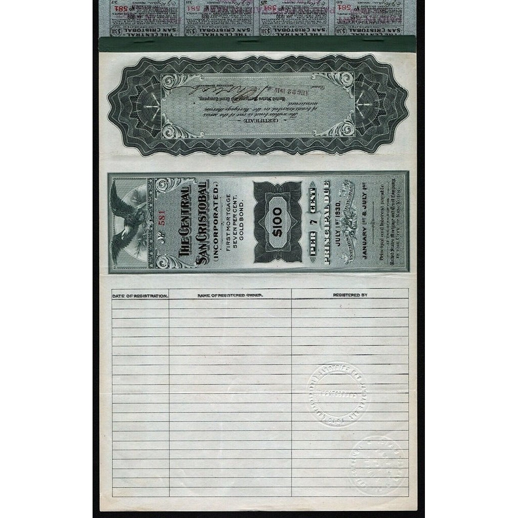 The Central San Cristobal (Incorporated) 1910 Gold Bond Certificate