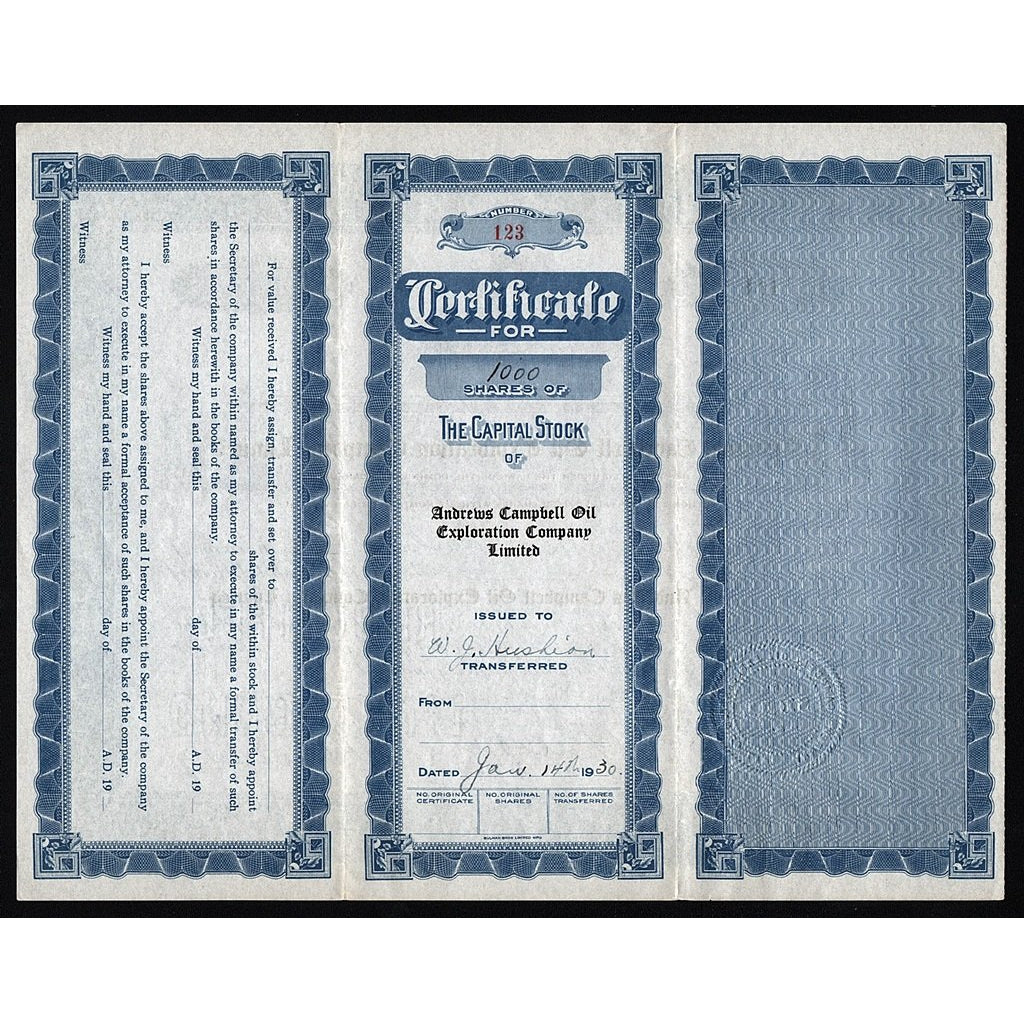Andrews Campbell Oil Exploration Company Limited 1930 Canada Stock Certificate (William James Hushion)
