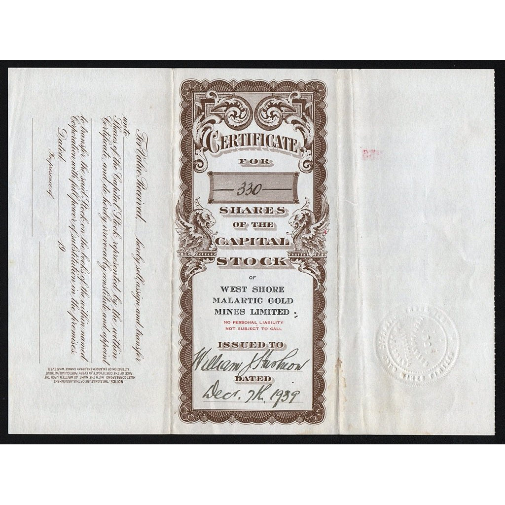 West Shore Malartic Gold Mines Limited 1939 Quebec Stock Certificate (William James Hushion)