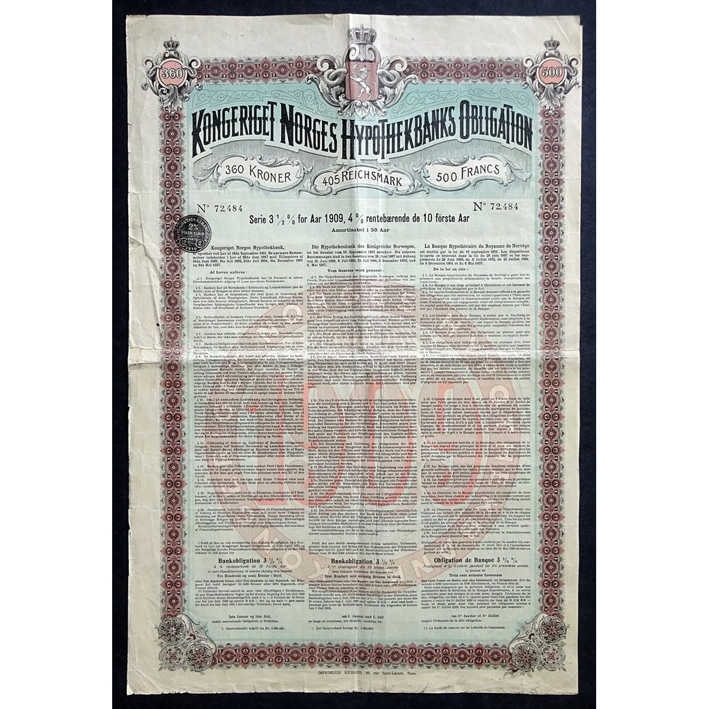 Kongeriket Norges Hypotekbanks Obligation 1909 Norway Bond Certificate
