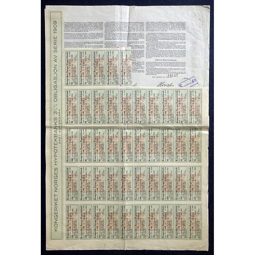 Kongeriket Norges Hypotekbanks Obligation 1909 Norway Bond Certificate